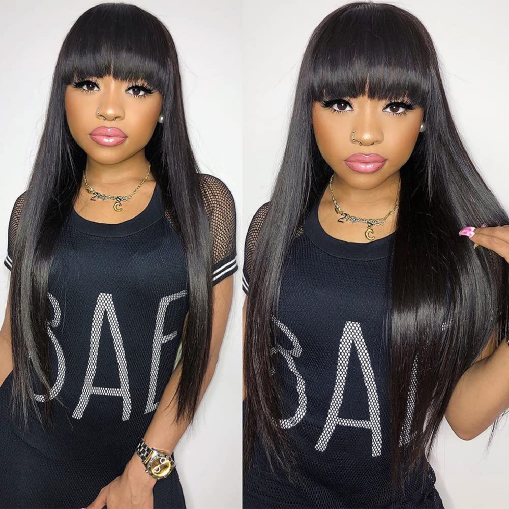 BYRON long straight wig with bangs cap construction closeup airy comfort