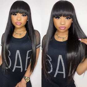BYRON long straight wig with bangs cap construction closeup airy comfort