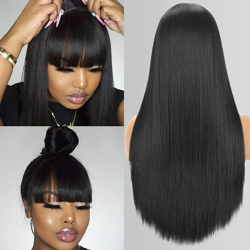 BYRON long straight wig with bangs front view natural black comfortable daily wear