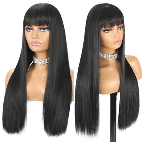 BYRON long straight wig with bangs texture closeup heat-resistant fiber feel
