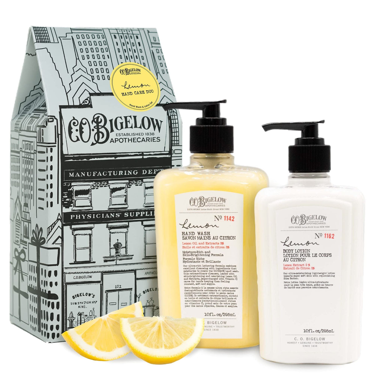 C.O. Bigelow apothecary box artwork showcasing iconic storefront and NYC skyline.