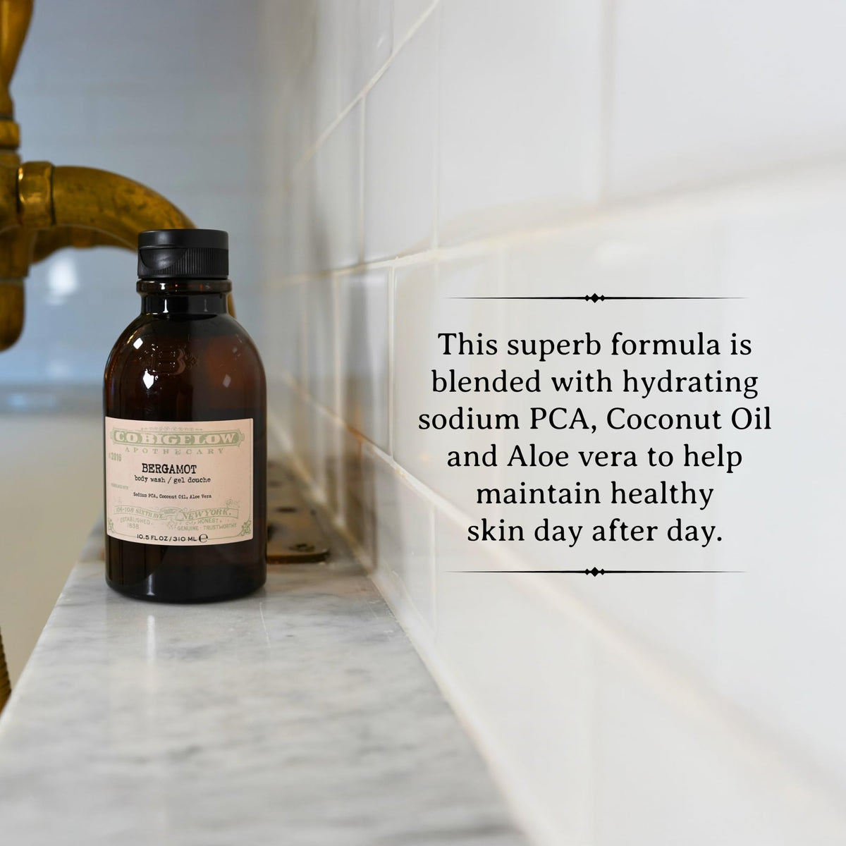 Label close-up shows coconut oil and aloe vera for skin softness