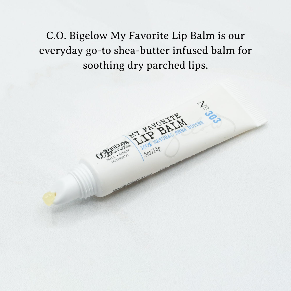 C.O. Bigelow lip balm tubes featuring shea butter and jojoba for lips nourishment.