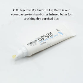 C.O. Bigelow lip balm tubes featuring shea butter and jojoba for lips nourishment.