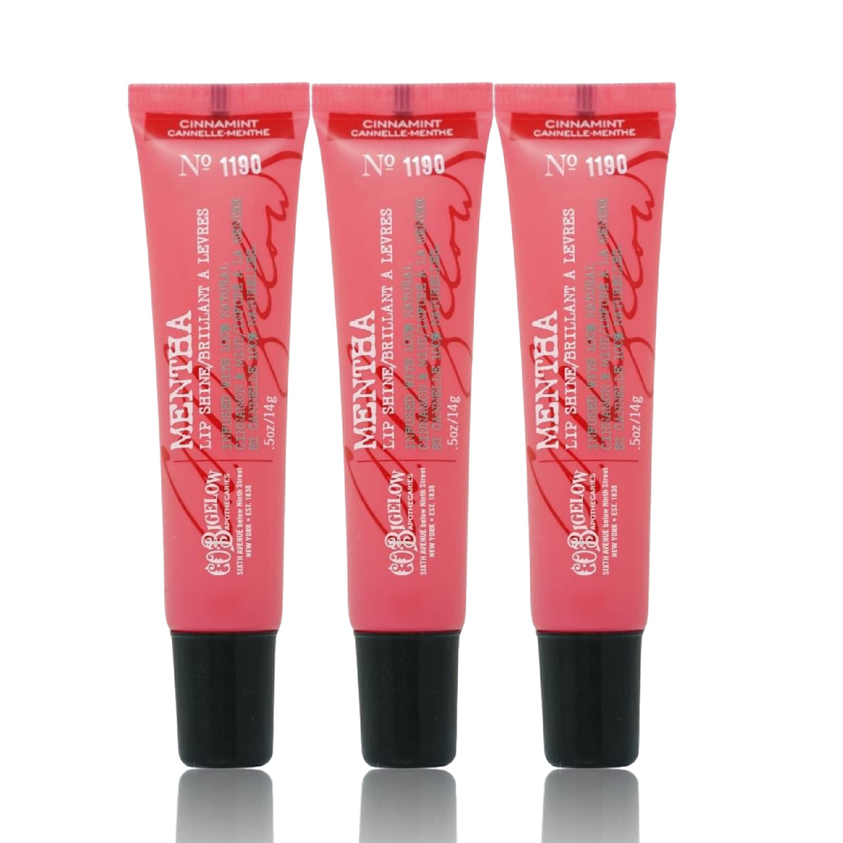 C.O. Bigelow cinnamint lip shine triple-pack front view for on-the-go moisture.