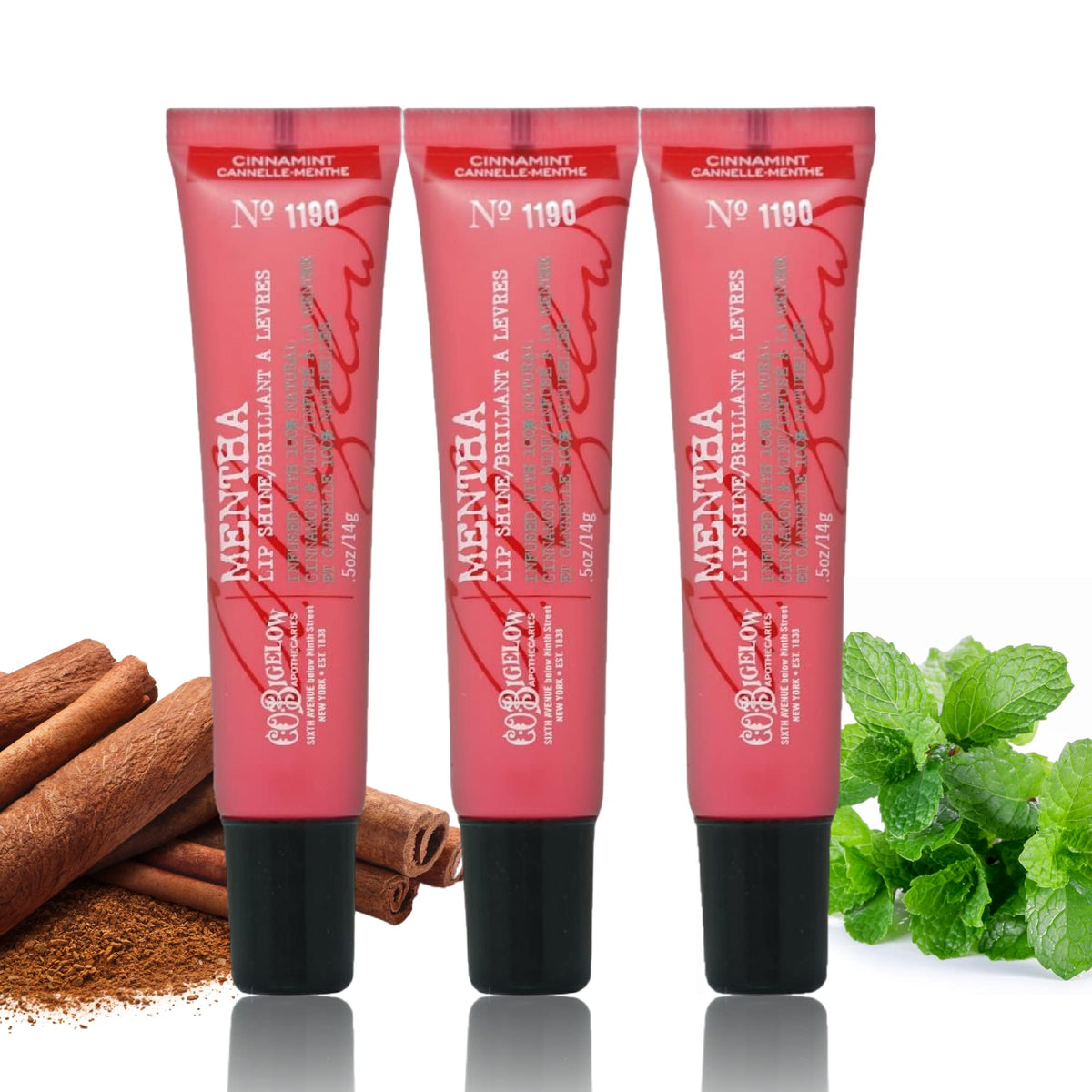 Close-up of clear gloss with peppermint aroma and cinnamon notes.