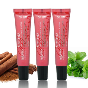 Close-up of clear gloss with peppermint aroma and cinnamon notes.