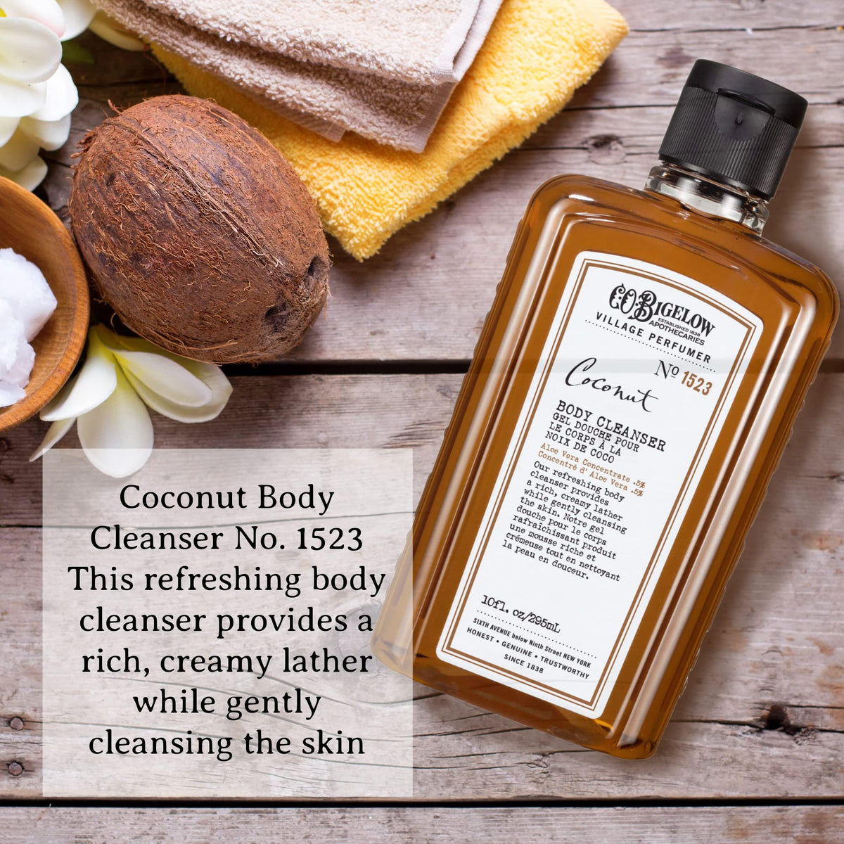 C.O. Bigelow Coconut Body Wash aloe-pour shows soothing application and tropical aroma.