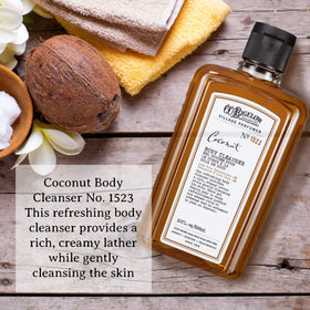 C.O. Bigelow Coconut Body Wash aloe-pour shows soothing application and tropical aroma.