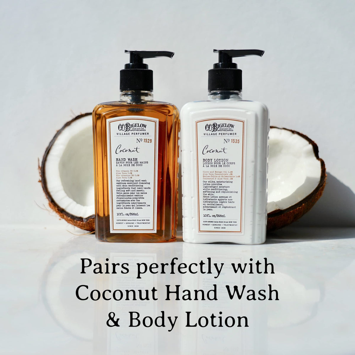 C.O. Bigelow Coconut Body Wash product-shot emphasizes moisturizing results and clean rinse.
