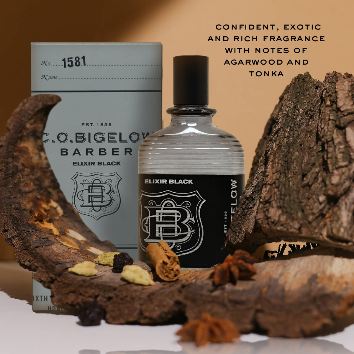C.O. Bigelow Elixir Black bottle side profile highlighting sleek masculine design