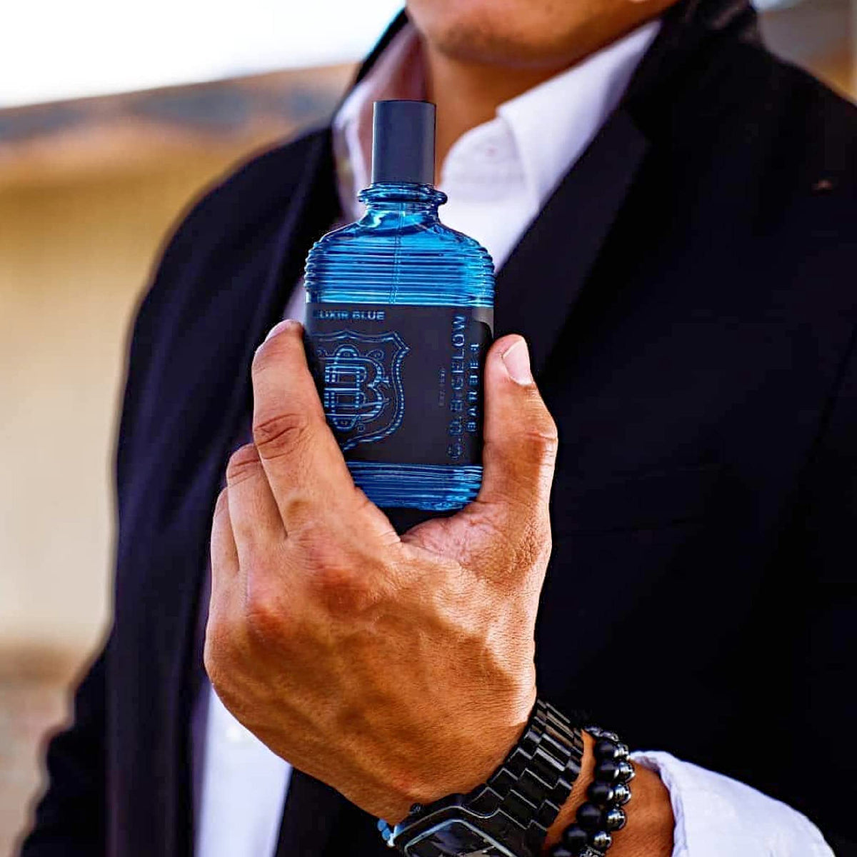 C.O. Bigelow Elixir Blue bottle on vanity for a crisp, confident presence