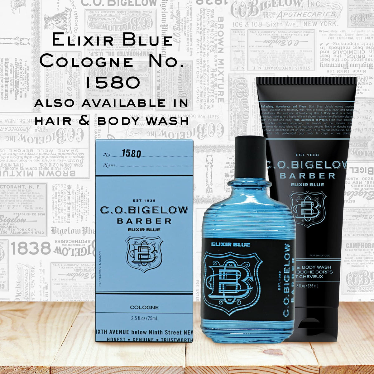 C.O. Bigelow Elixir Blue label detail emphasizing upscale packaging
