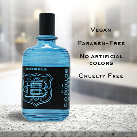 C.O. Bigelow Elixir Blue side profile of bottle on shelf
