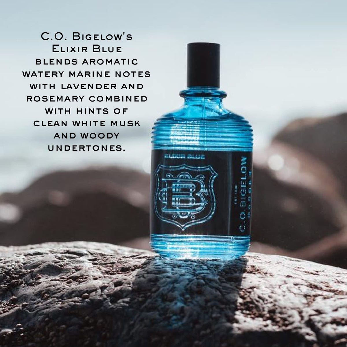 C.O. Bigelow Elixir Blue spray action indicating refreshing marine fragrance