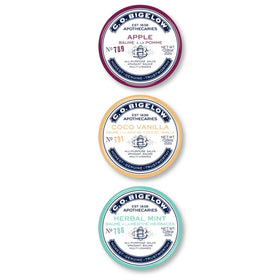 C. O. Bigelow front packaging showing three salve tins and scent labels