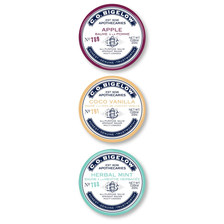C. O. Bigelow front packaging showing three salve tins and scent labels