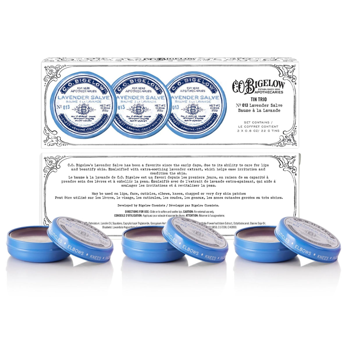 Close-up of Lavender Salve Tins collection showing compact packaging.