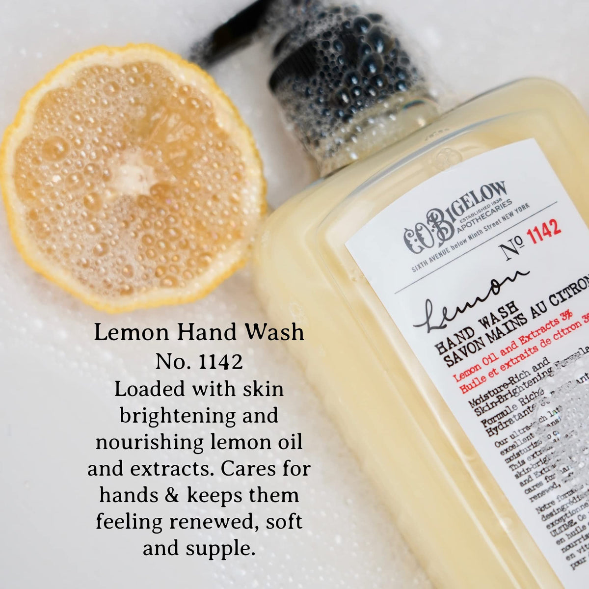 C.O. Bigelow Lemon Hand Soap bottle with lemon scent and moisturizing formula.