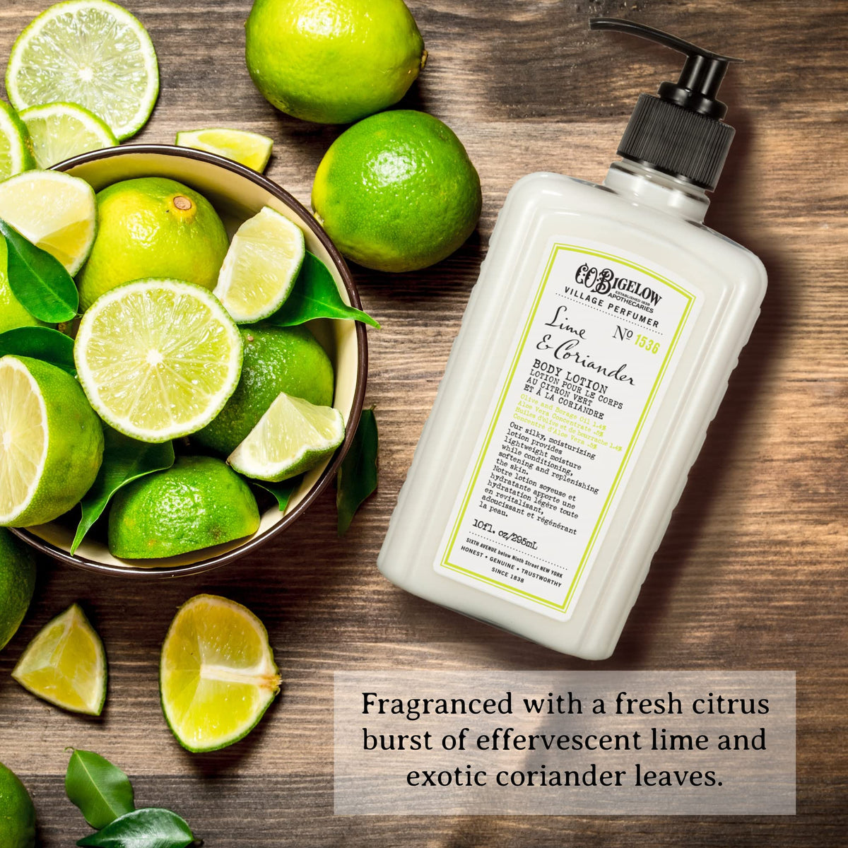 C.O. Bigelow Lime Coriander aloe vera and oil blend closeup shows soothing hydration.