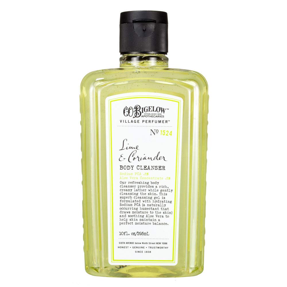 Pouring C.O. Bigelow Lime Coriander Body Wash to reveal bright lather and citrus aroma