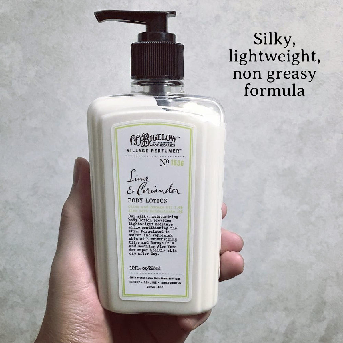 C.O. Bigelow Lime Coriander USA-made label emphasizes quality and care.