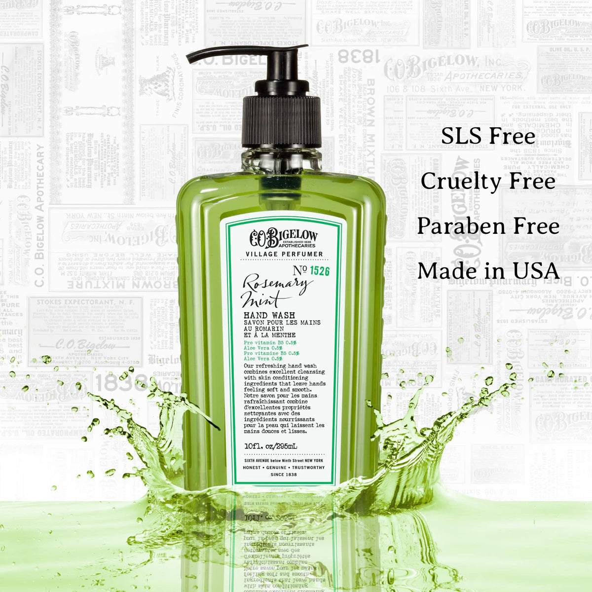C.O. Bigelow Made-in-USA label close-up with cruelty-free and paraben-free benefits.
