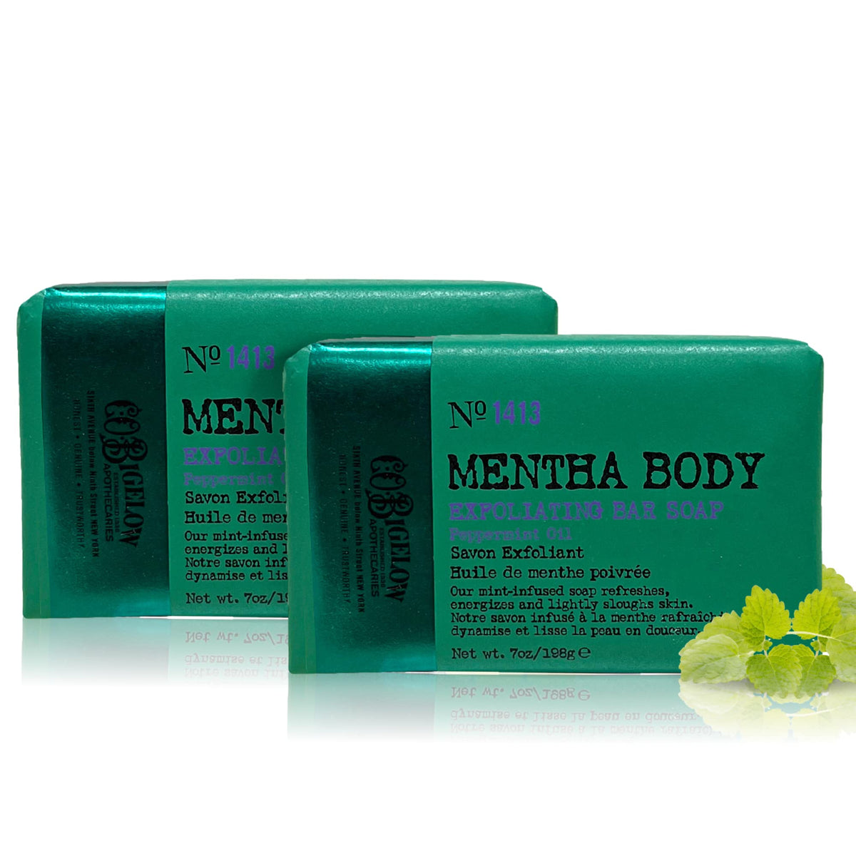 C.O. Bigelow Mentha Exfoliating Bar Soap close-up shows walnut powder exfoliation.