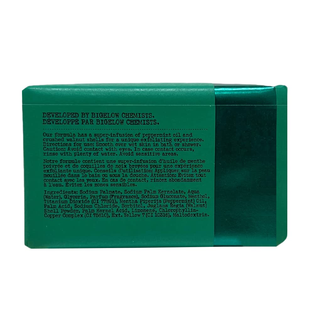 C.O. Bigelow Mentha Exfoliating Bar Soap peppermint oil close-up reveals cooling sensation.