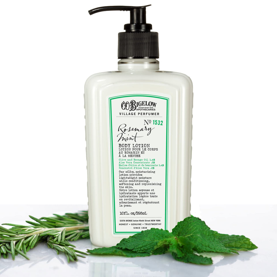 C.O. Bigelow Rosemary Mint Body Lotion bottle shows lightweight daily moisture.