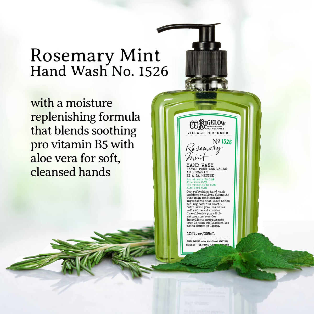C.O. Bigelow Rosemary Mint Hand Wash pump dispenser for easy refills.