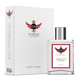CA Perfume Impression of Amber Rouge Saffron bottle with saffron threads for enduring elegance.