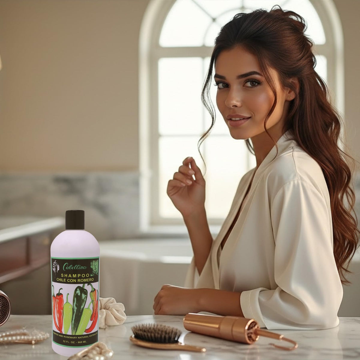 Cabellina conditioner smoothing hair to ease detangling.