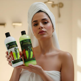Close-up of Cabellina shampoo label highlighting chile con Romero ingredients.