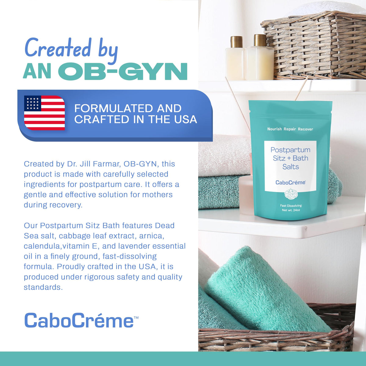 Cabocreme Postpartum Sitz Bath Salts with arnica and calendula for calming care