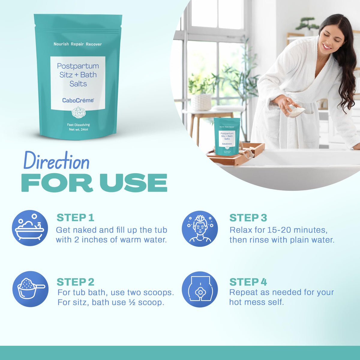 Cabocreme Postpartum Sitz Bath Salts bottle demonstrates easy dosing for quick use