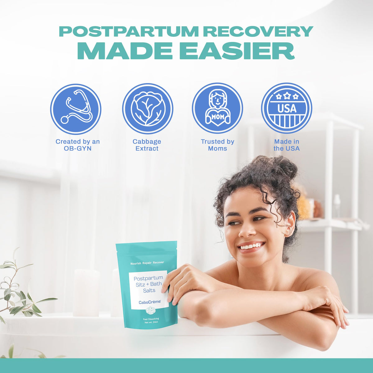 Cabocreme Postpartum Sitz Bath Salts bottle with label ready for daily routine