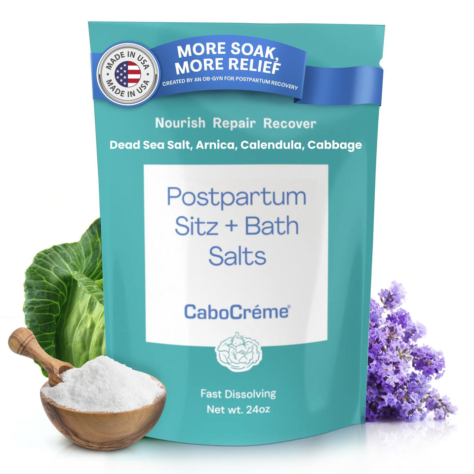Cabocreme Postpartum Sitz Bath Salts packaging shown for postnatal care