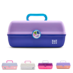 Caboodles On-The-Go Girl makeup box front view, showcasing accessible storage for busy mornings.