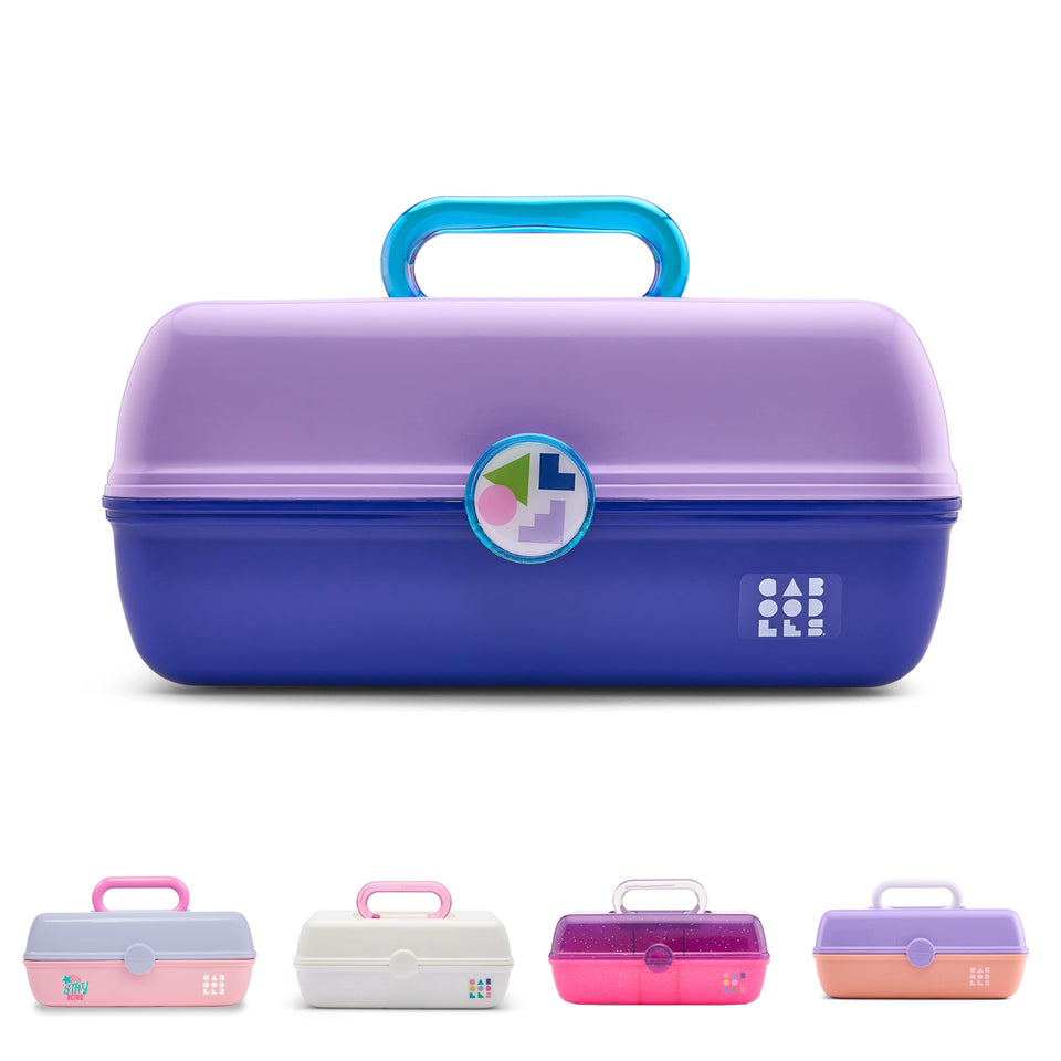 Caboodles On-The-Go Girl makeup box front view, showcasing accessible storage for busy mornings.
