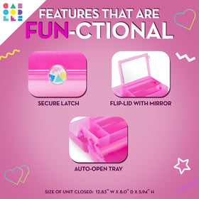 Caboodles On-The-Go Girl interior highlights built-in mirror and top tray for organized touch-ups