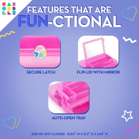 Caboodles On-The-Go Girl makeup box open-top tray, highlighting organized cosmetics on the go.