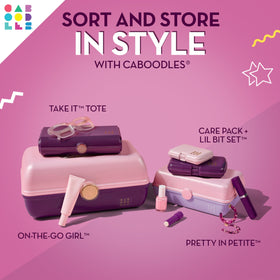 Caboodles On-The-Go Girl makeup box top tray showing 3 compartments for small items.