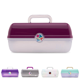 Caboodles On-The-Go Girl makeup box exterior shows two-tone violet and silver sparkle for stylish travel