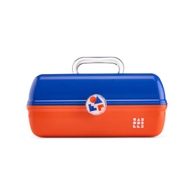 Caboodles On-The-Go Girl makeup case in blue over orange with built-in mirror for quick touch-ups.
