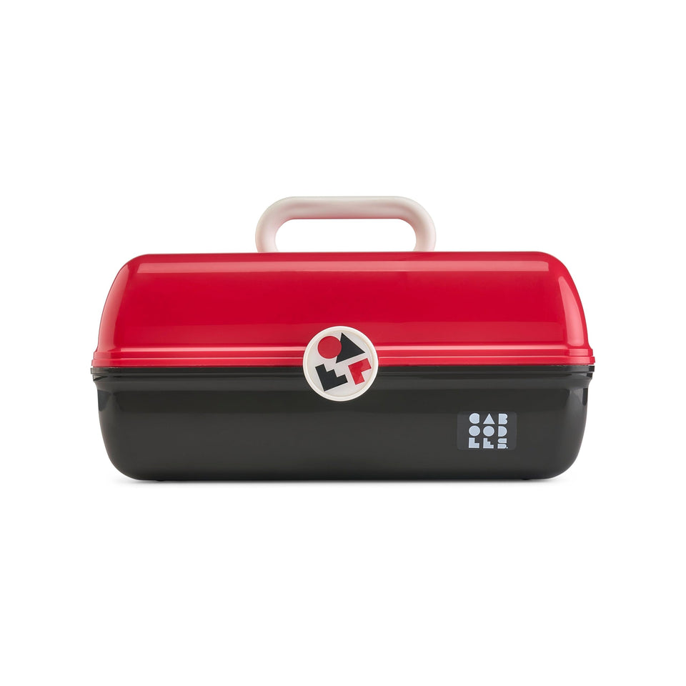 Caboodles On-The-Go Girl makeup case front view highlighting sturdy build and travel-ready retro design.