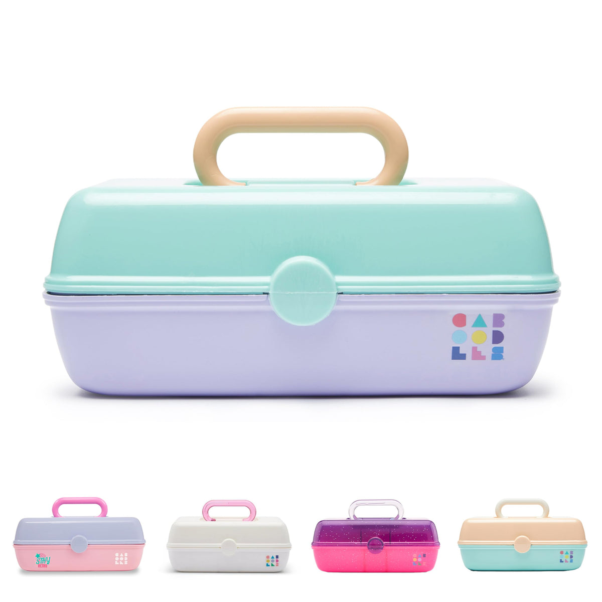 Caboodles Pretty in Petite makeup box in seafoam lavender for travel storage