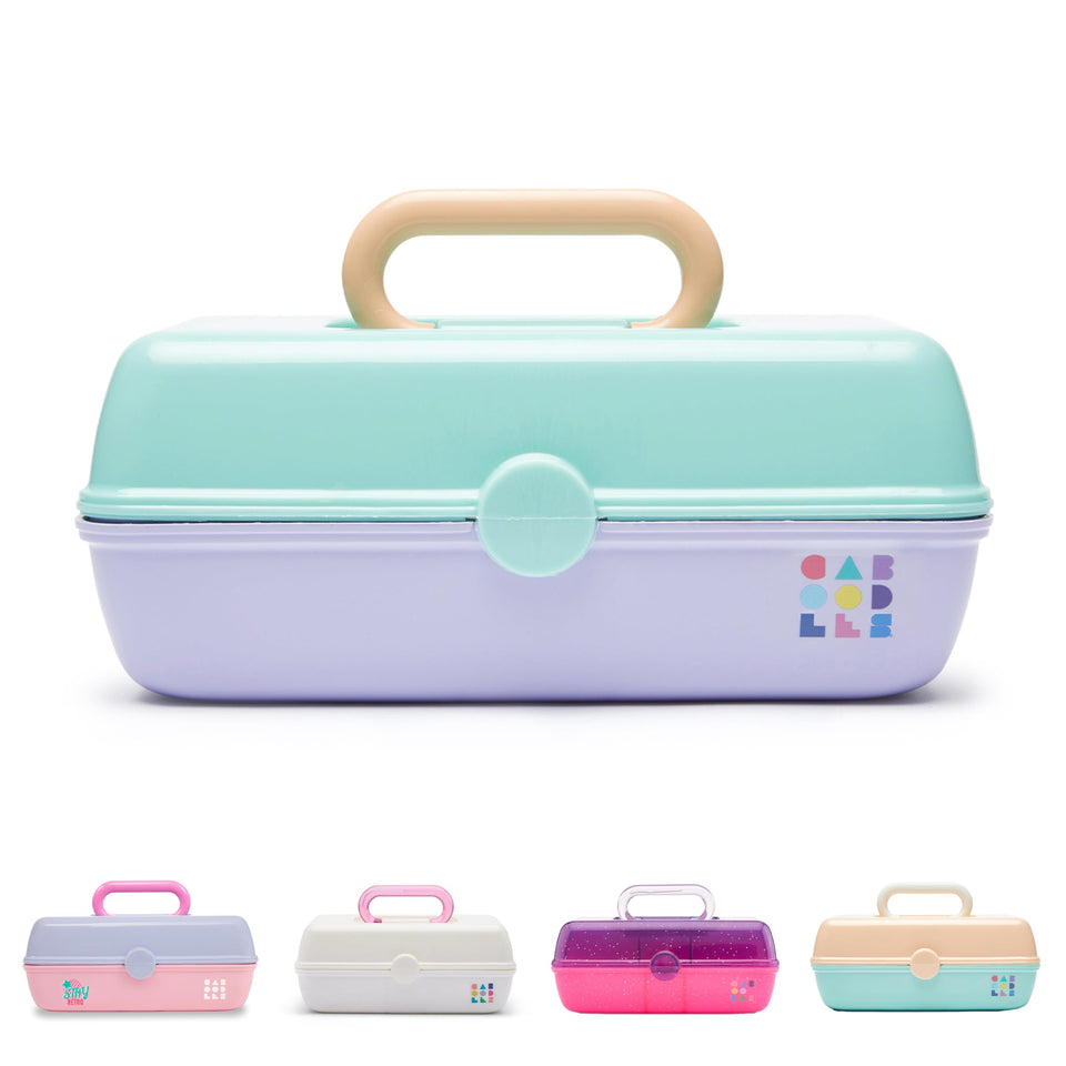 Caboodles Pretty in Petite makeup box in seafoam lavender for travel storage