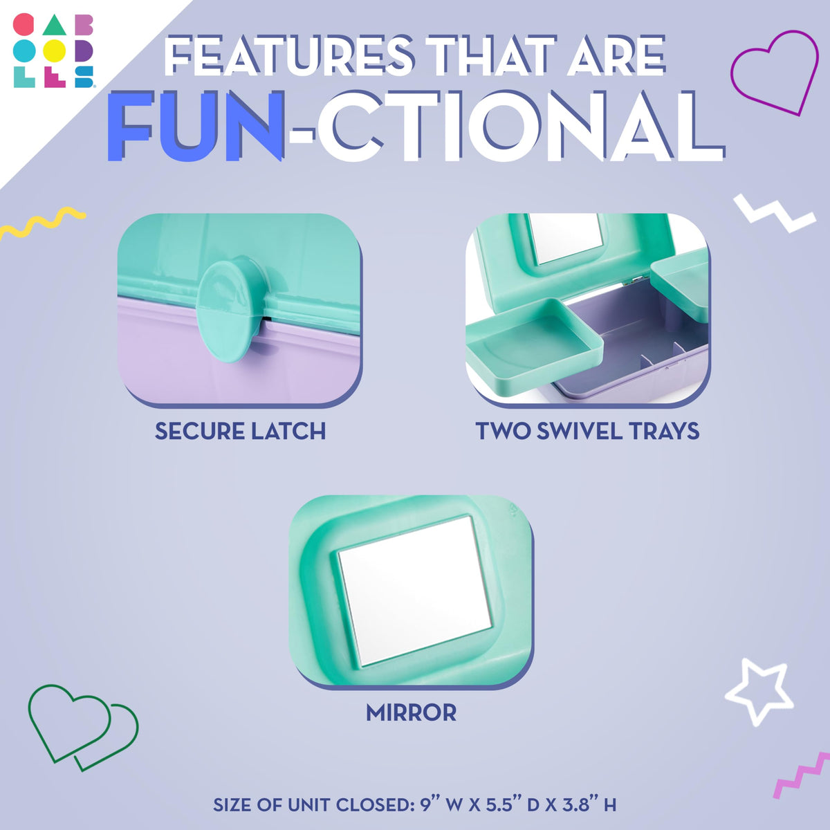 Caboodles Pretty in Petite opens to two swivel trays, organized mini glam on the go.