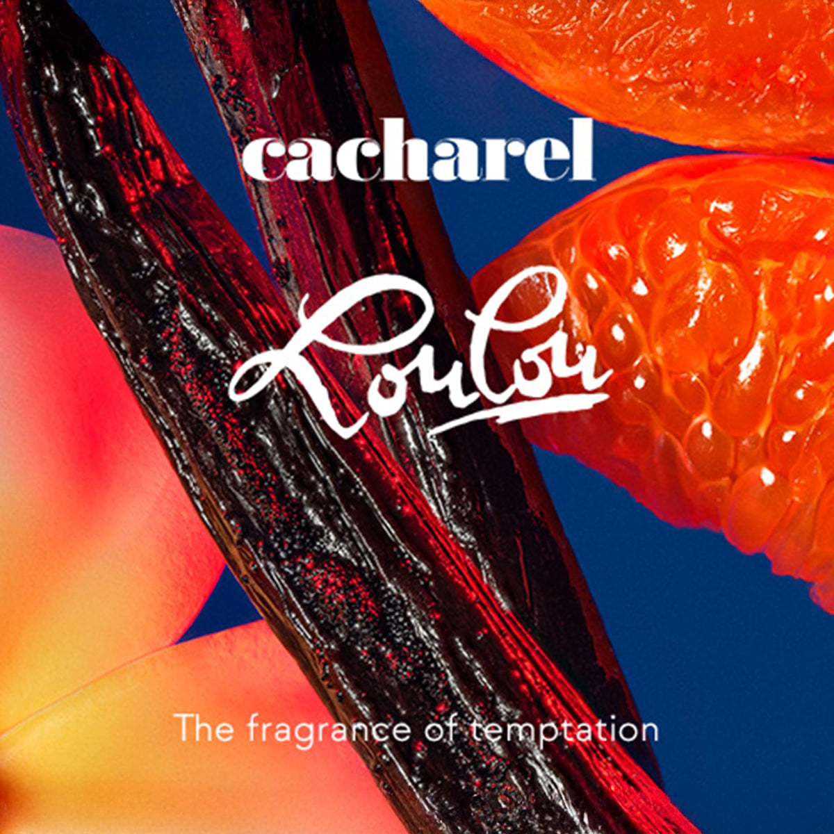 Cacharel Lou Lou fragrance note visual emphasizes mandarin, tiare and vanilla balance.